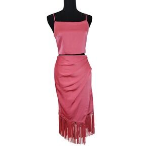 Rachel Zoe Pink Satin 2 Piece Set Crop Top Fringe Wrap Midi Skirt Small Party